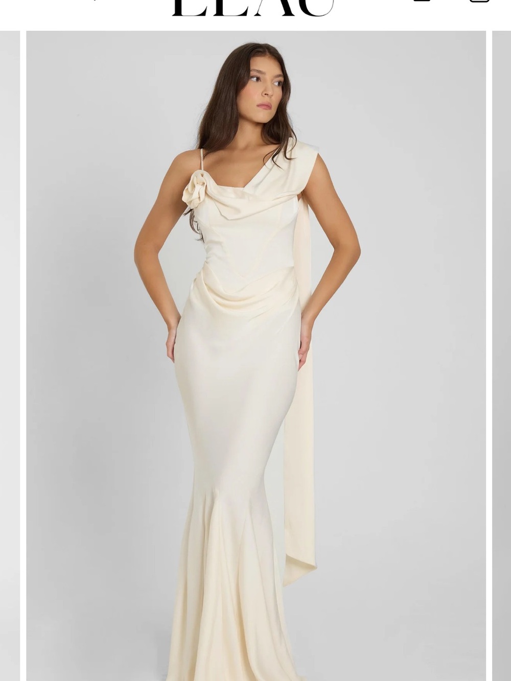 LEAU One-Shoulder Cream Draped Evening Gown